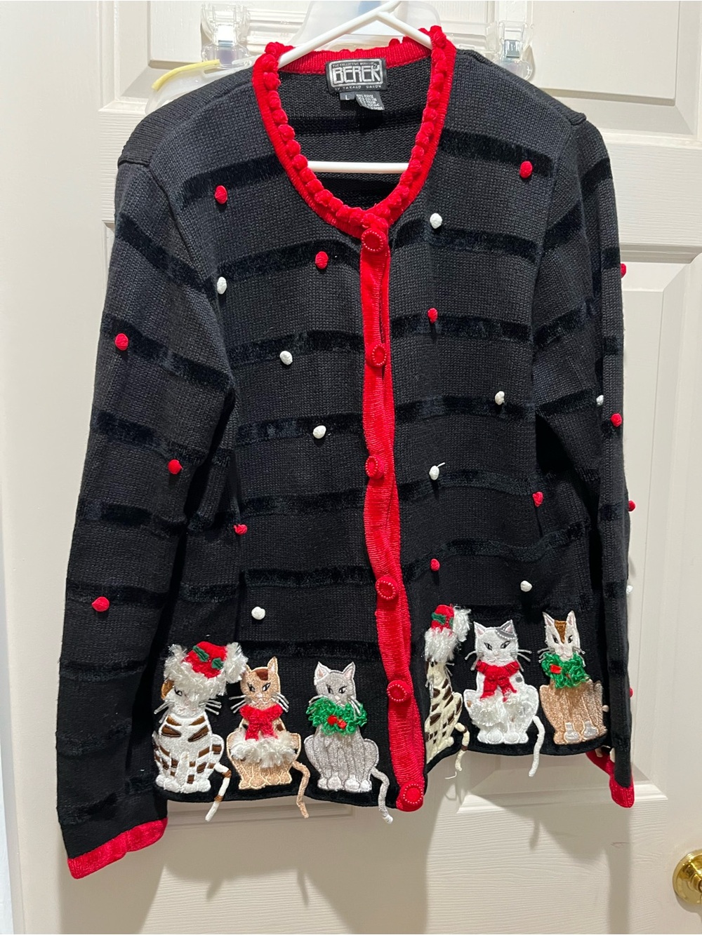 Berek Vintage Cat Embroidered Black Cardigan with Red Beaded Trim